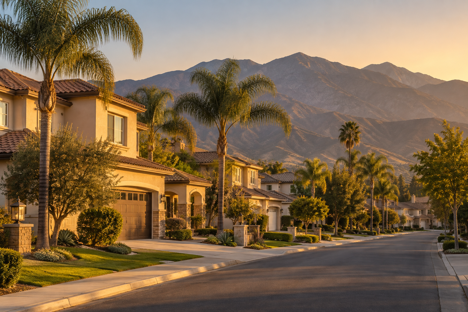 A Rancho Cucamonga, Inland Empire neighborhood street at golden hour, illustrative
