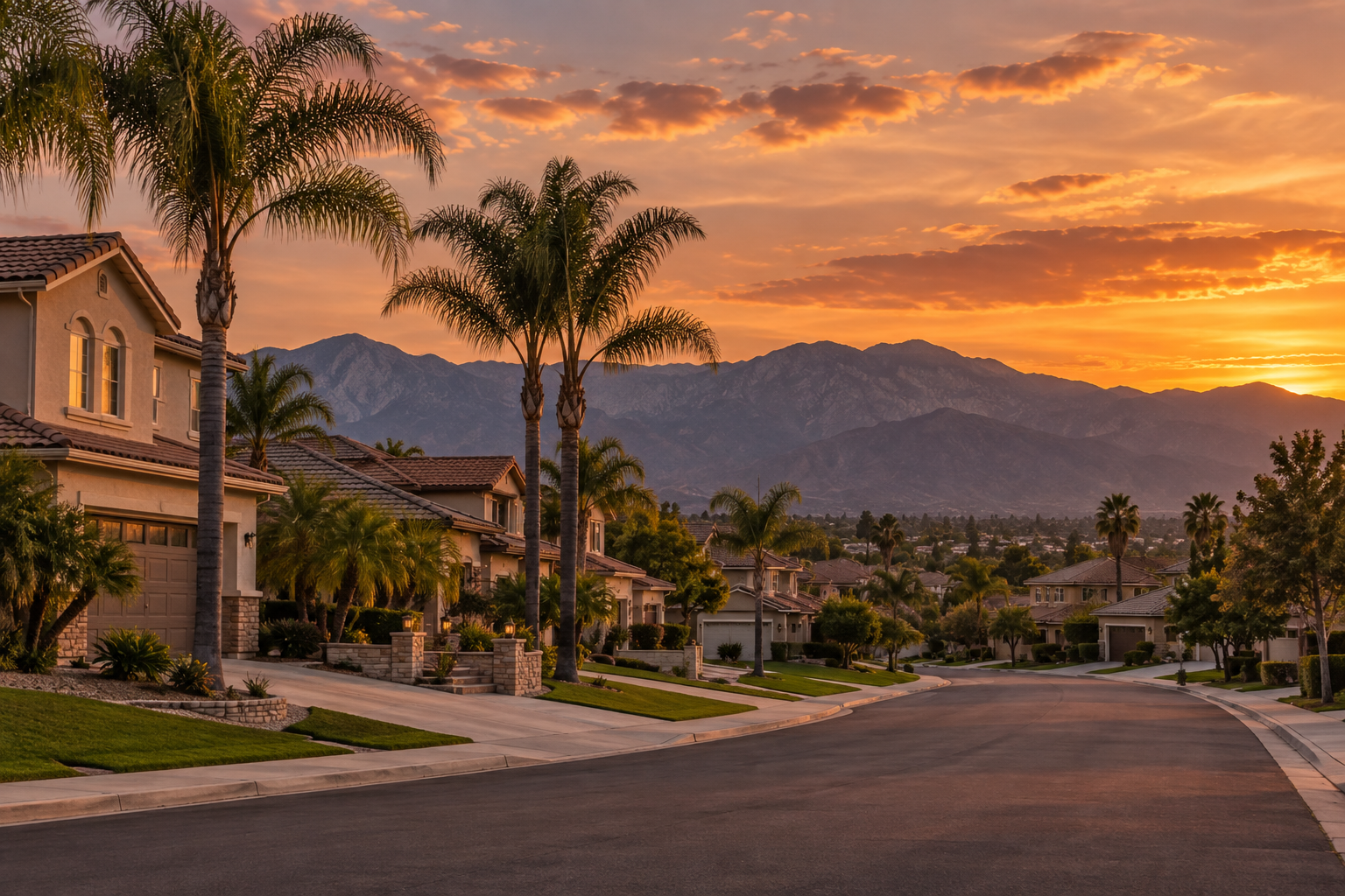 A Rancho Cucamonga, CA street at sunset, illustrative