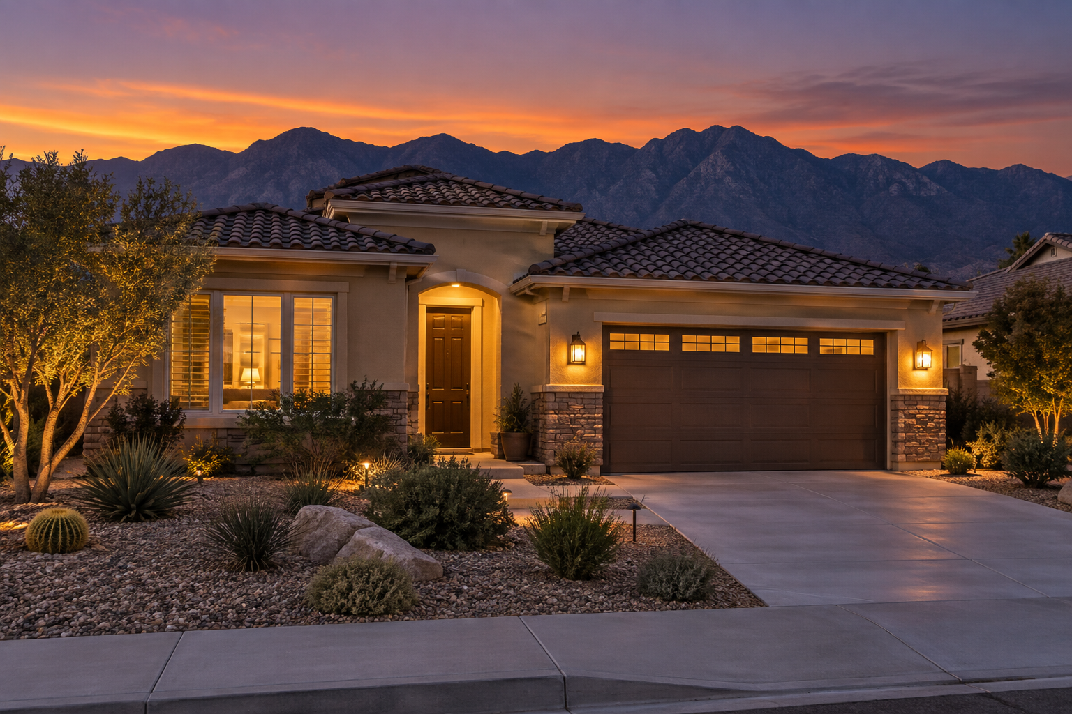 An Inland Empire home exterior at dusk, illustrative